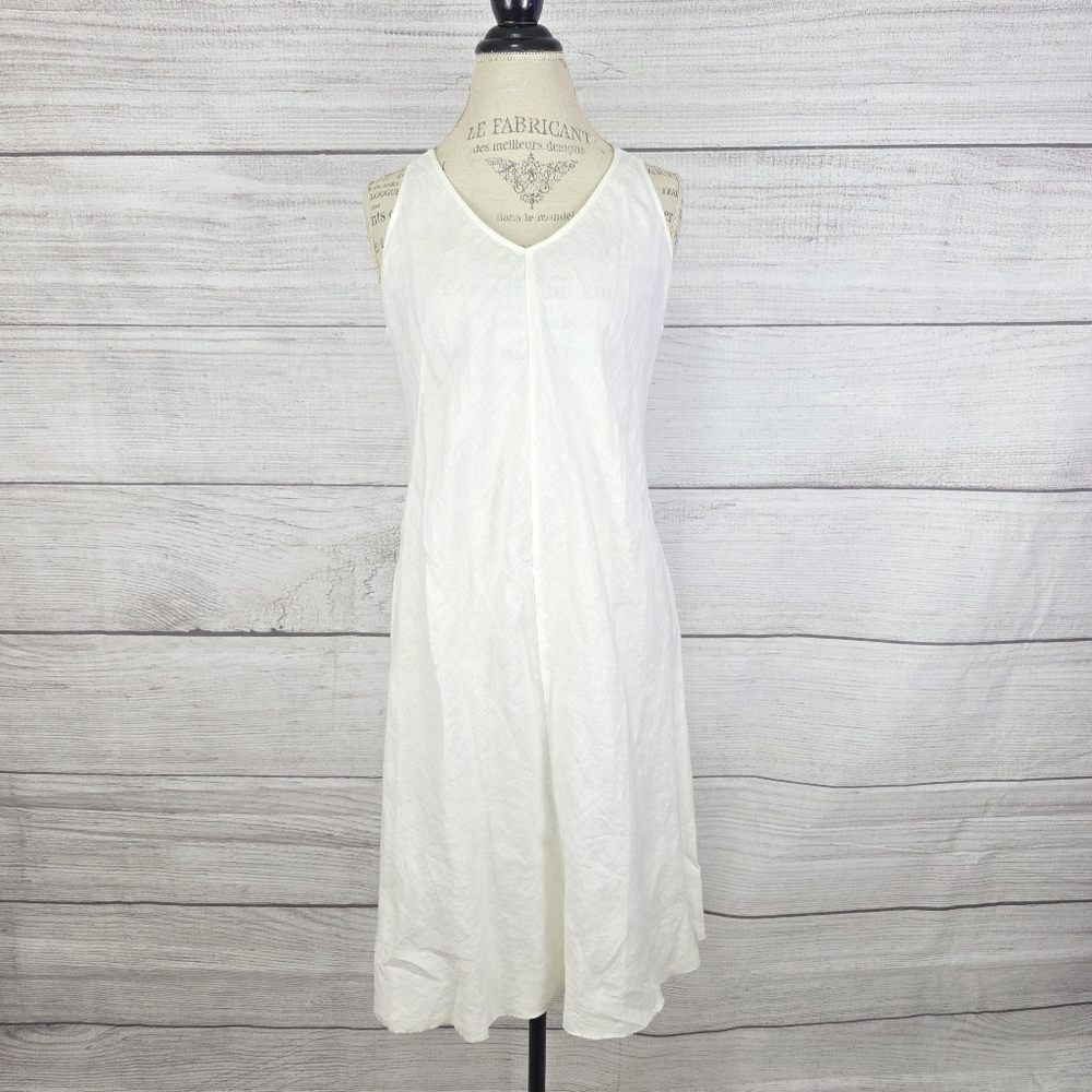 Eileen Fisher White Organic Linen Sleeveless Vneck Dress